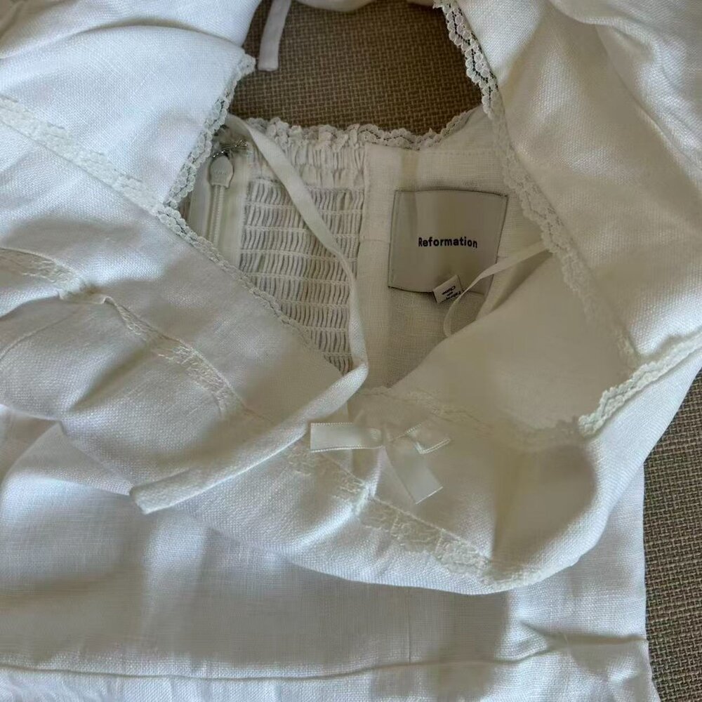 BEST Reformation Evianna Linen Mini Dress Sz0/2/4 White Classic French - Picture 10 of 12